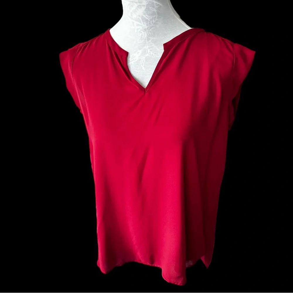 PLEIONE Top High Low flowy Short Sleeve Nordstrom Blouse Red Rucked Size SP - Picture 8 of 8